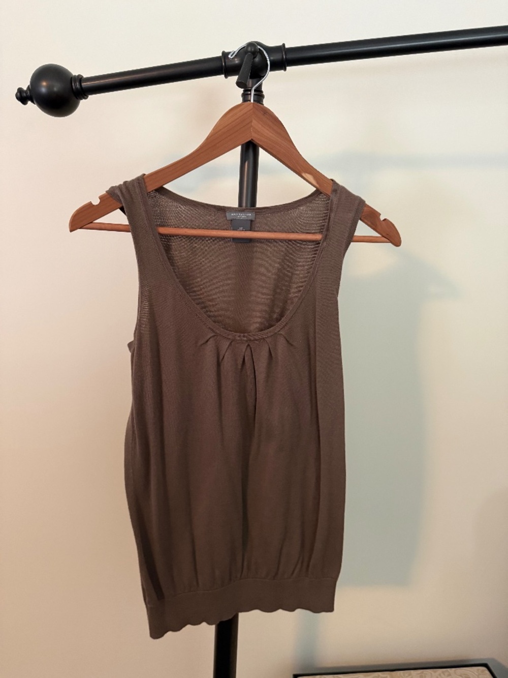 Ann Taylor Pleated Empire Neck Sleeveless Knit Top Brown Shell